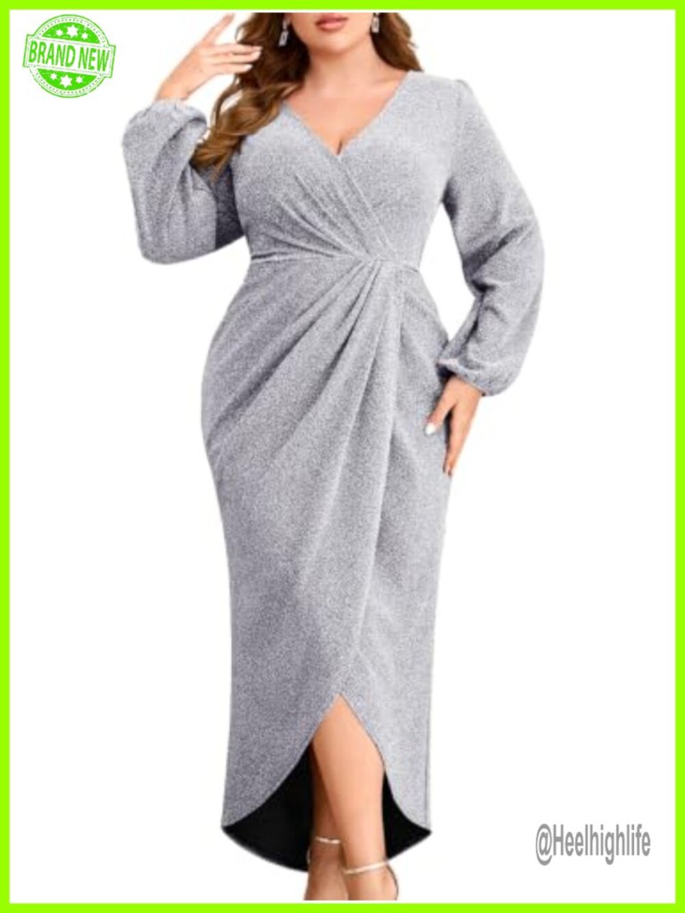 Plus Size Metallic Glitter Cocktail Dress Long Puff Sleeve Midi Wedding Guest
